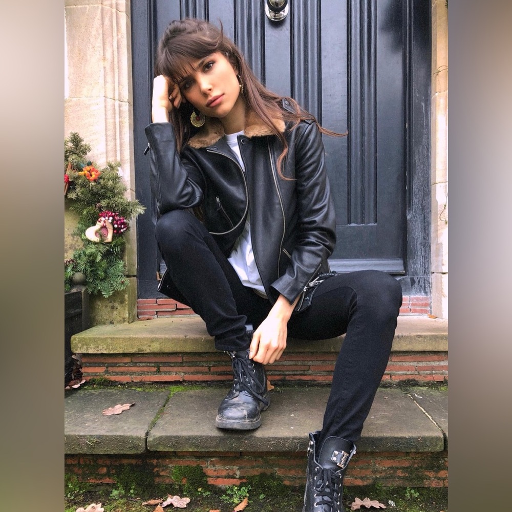 SOLD // All Saints Sherwood Leather Biker Jacket w/ Faux Fur Trim Size Small - Picture 14 of 14